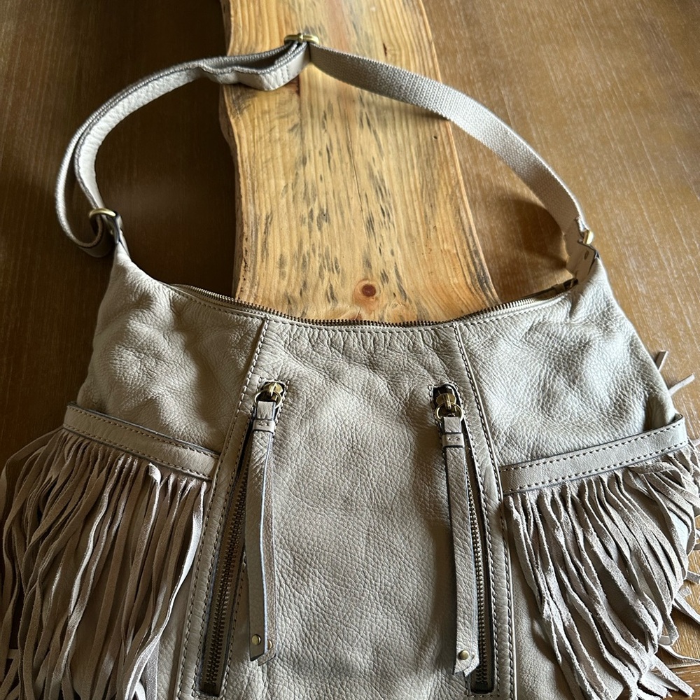 Fringed Leather Shoulder Bag in Light Taupe